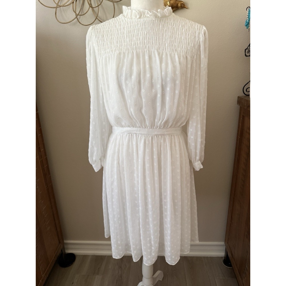Rebecca Taylor White Swiss Dot Smocked Ruffle Midi Dress Size 2 $365